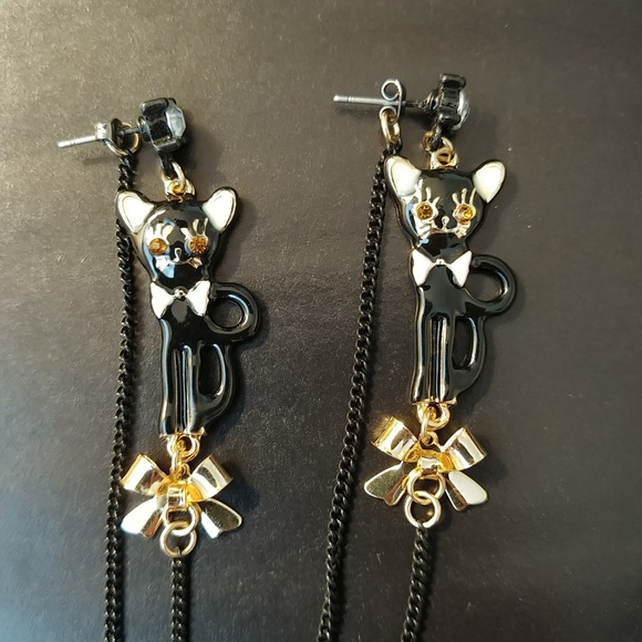 🍰Black Cat Bow Betsey Johnson Long Chain Earrings - Picture 2 of 7